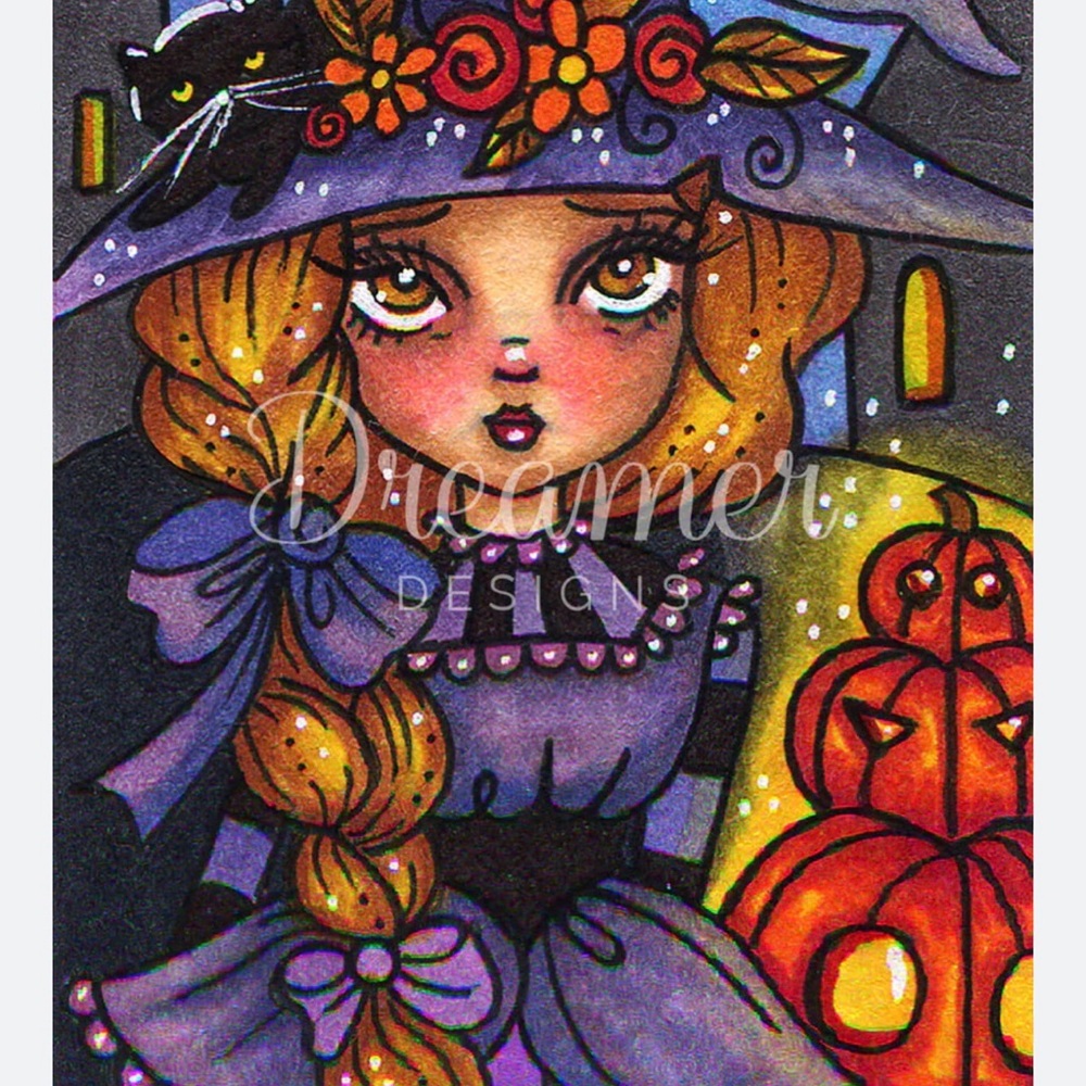 Whimsical Purple Witch Diamond Art Print with Orange Pumpkins